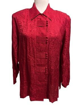 Anna And Frank Red Jacquard Button-Front Blouse- 100% Silk
